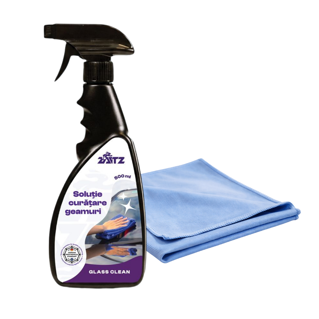 Soluție ZAITZ Glass Clean și lavetă albastră pentru geamuri auto