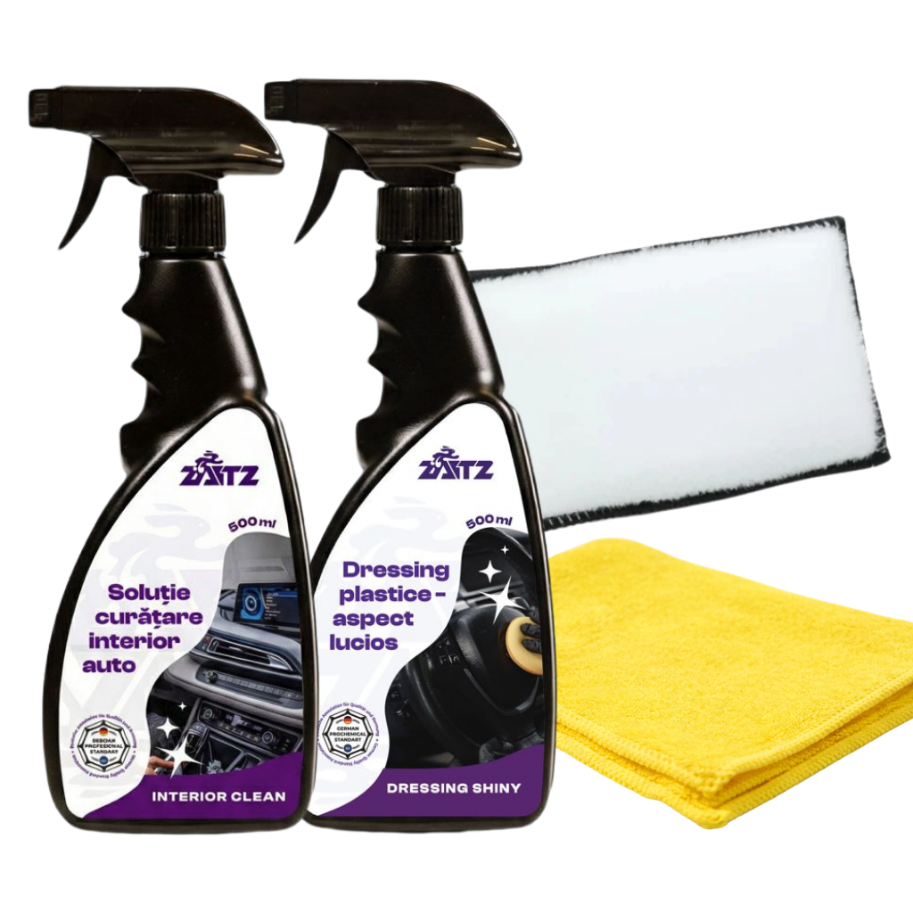 Kit ZAITZ pentru plastice interioare, cu soluție de curățare, dressing lucios, lavetă și aplicator